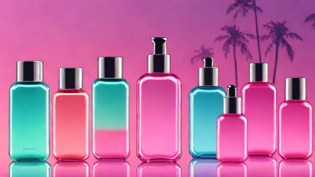Assorted glass liquid foundation bottles resting on a reflective chrome surface.