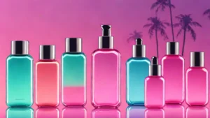 Assorted glass liquid foundation bottles resting on a reflective chrome surface.