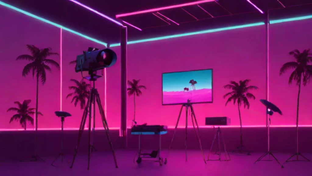 Professional film production set with studio lights and camera equipment in a dark studio.