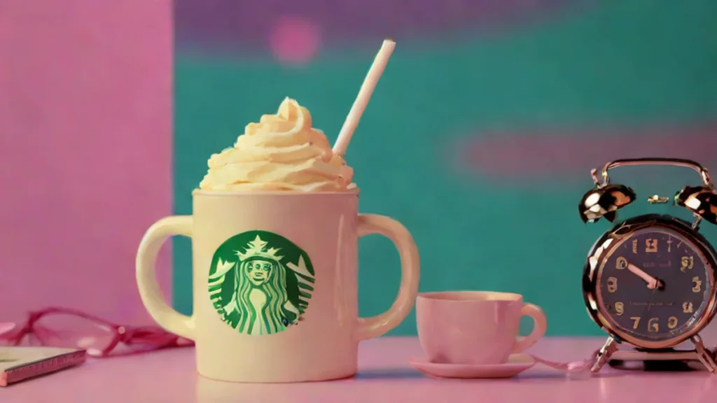 A Starbucks drink and a digital alarm clock showing an early morning time.