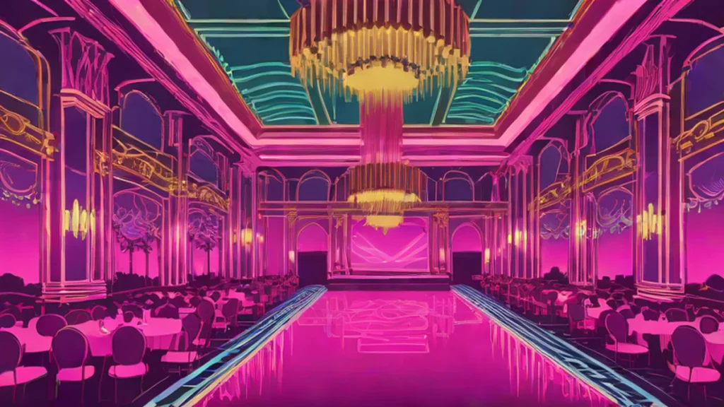 An empty opulent ballroom with crystal chandeliers and gold architectural details from the Gilded Age era.