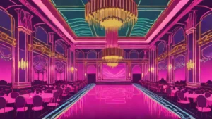 An empty opulent ballroom with crystal chandeliers and gold architectural details from the Gilded Age era.