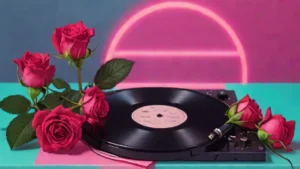Red roses and a vinyl record resting on a reflective chrome surface.