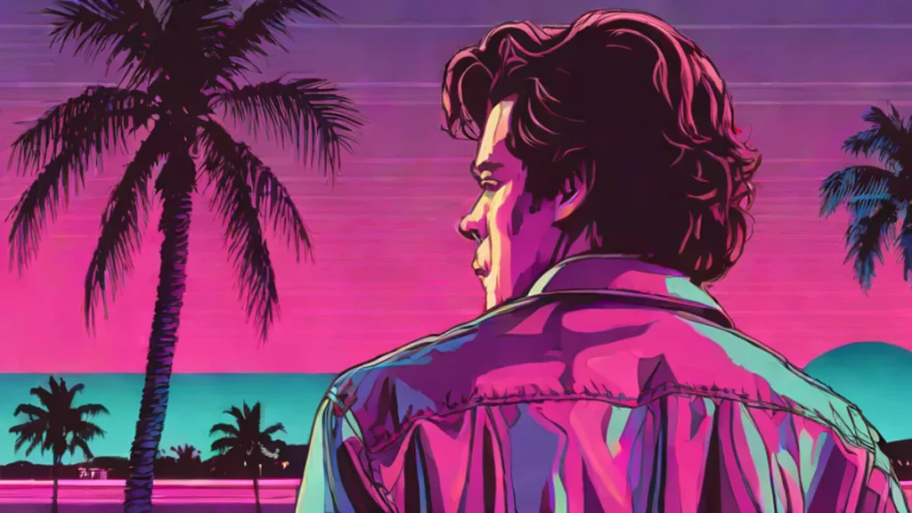 A man looking back over his shoulder at a glowing city skyline at night.