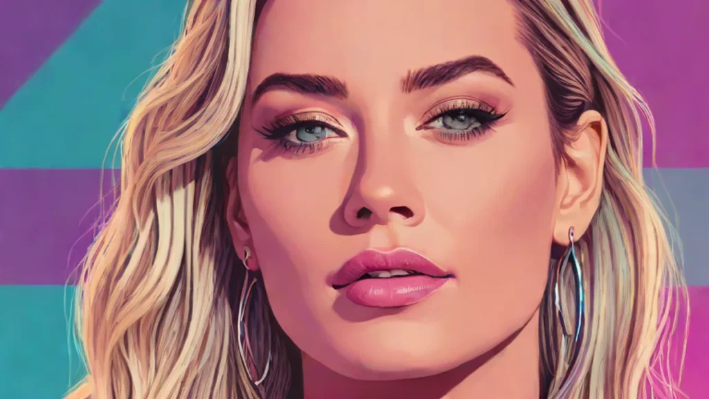 Close-up portrait of Hilary Duff smiling with neon pink and blue lighting.