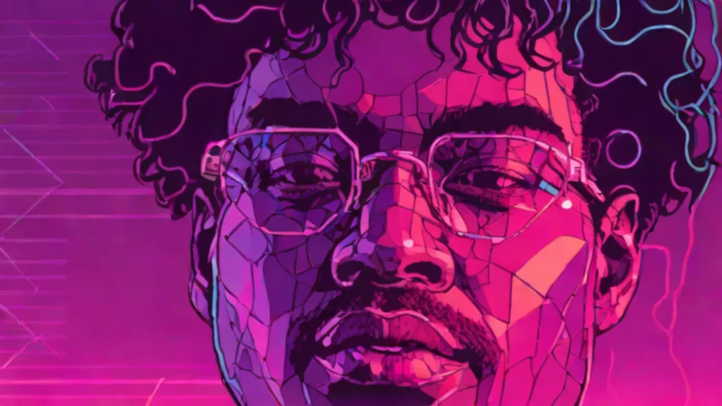 A close-up portrait of Hudson Williams illuminated by magenta and cyan neon light.