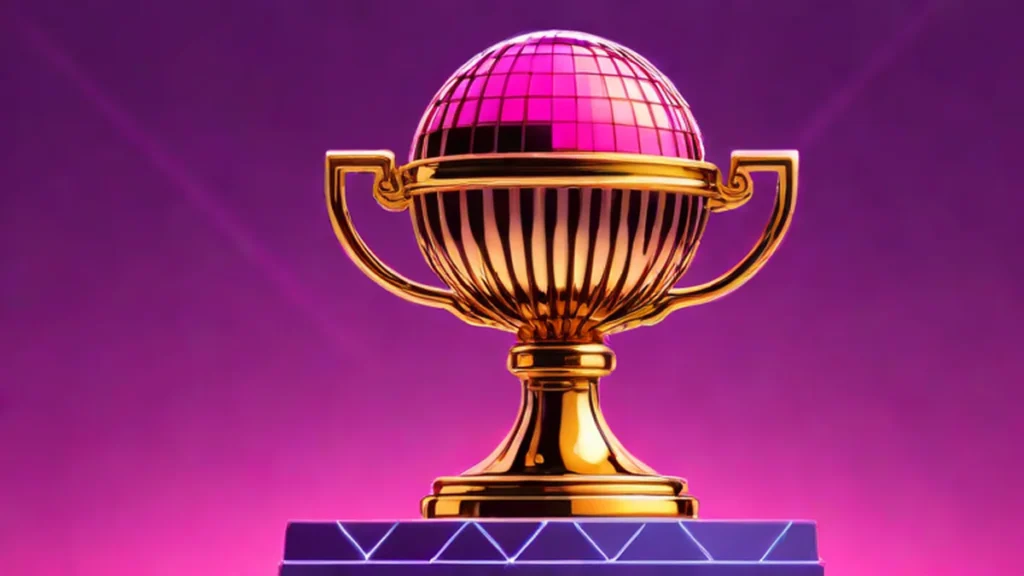 A golden raspberry trophy sitting on a reflective chrome surface against a dark background.