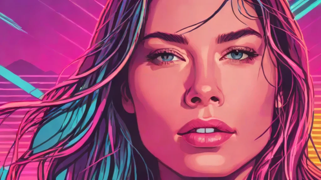 Close-up portrait of Jessica Biel illuminated by pink and blue neon lights.