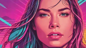 Close-up portrait of Jessica Biel illuminated by pink and blue neon lights.
