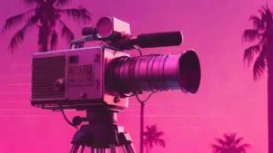 A professional film camera and microphone on a reflective surface for a documentary production.