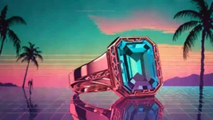A blue emerald-cut engagement ring resting on a reflective chrome surface.