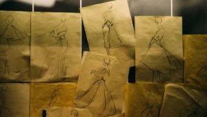 Vintage fashion sketches and historical Dior archive documents resting on a surface.