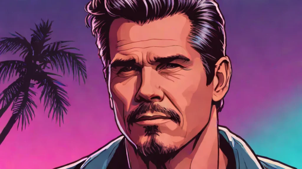 A close-up portrait of actor Josh Brolin looking thoughtful against a stylized background.