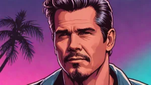 A close-up portrait of actor Josh Brolin looking thoughtful against a stylized background.