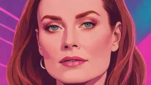 A close-up portrait of Julianne Moore illuminated by vibrant magenta and cyan neon lights.