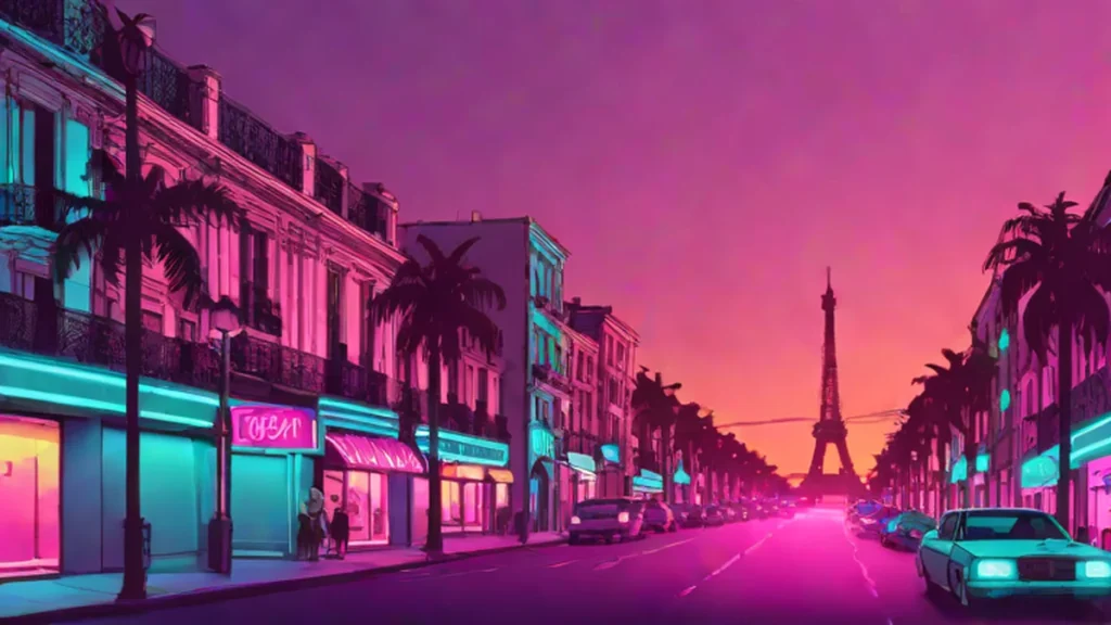 An empty elegant Parisian street with classic architecture during a golden sunset.