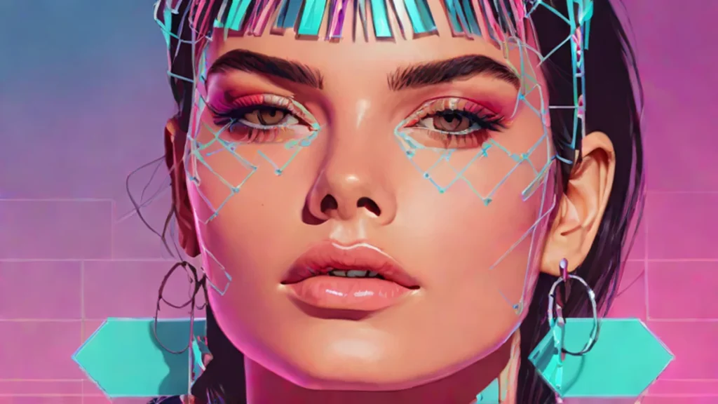Close up portrait of Kendall Jenner illuminated by vibrant magenta and cyan neon light.
