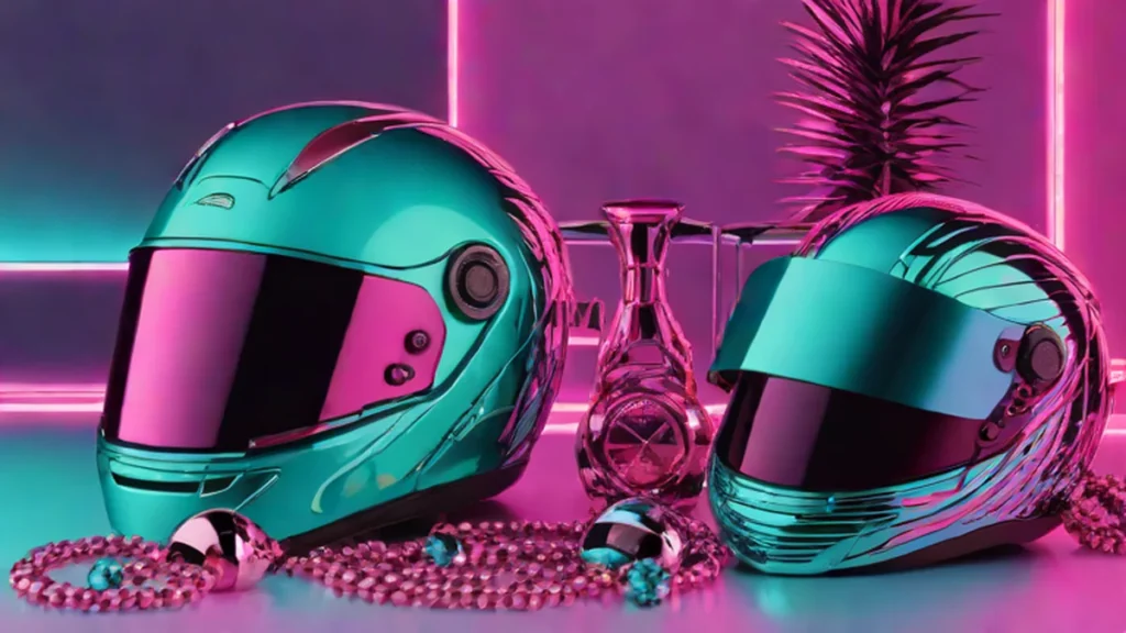 A professional racing helmet next to a diamond necklace on a reflective chrome surface.