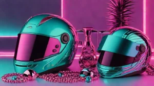 A professional racing helmet next to a diamond necklace on a reflective chrome surface.