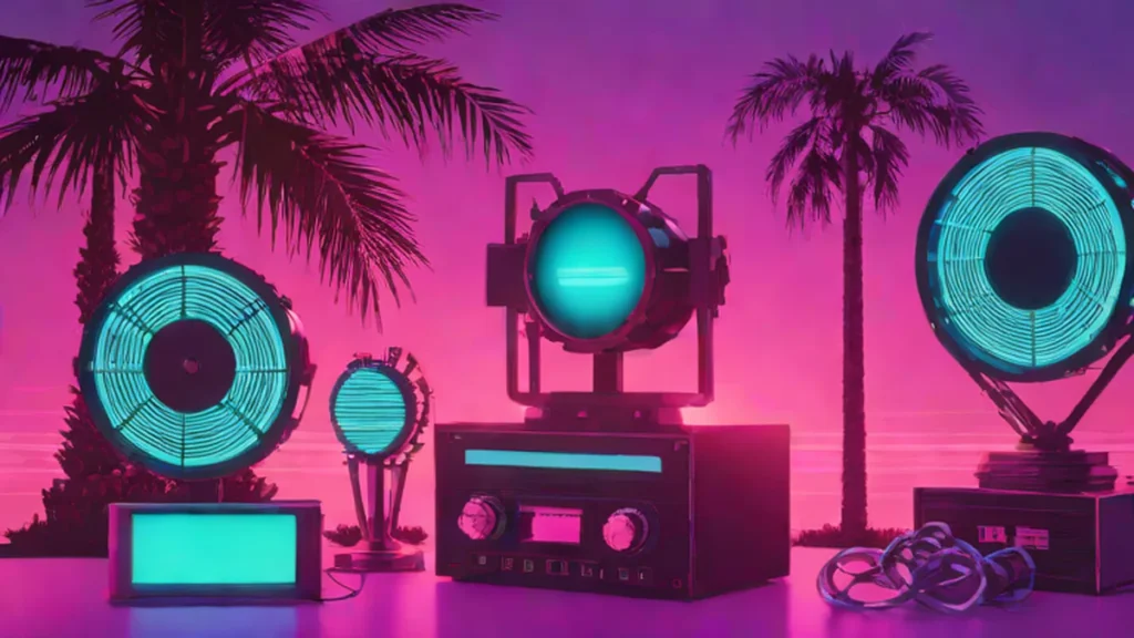 A gold award trophy and vintage film reels on a dark reflective surface.
