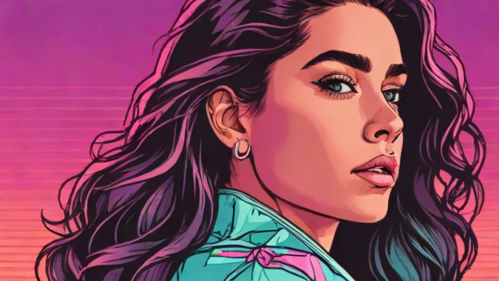 A three-quarter profile portrait of Lauren Jauregui against a sunset background.