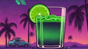 A glass of green juice sitting on a reflective chrome surface against a blurred background.