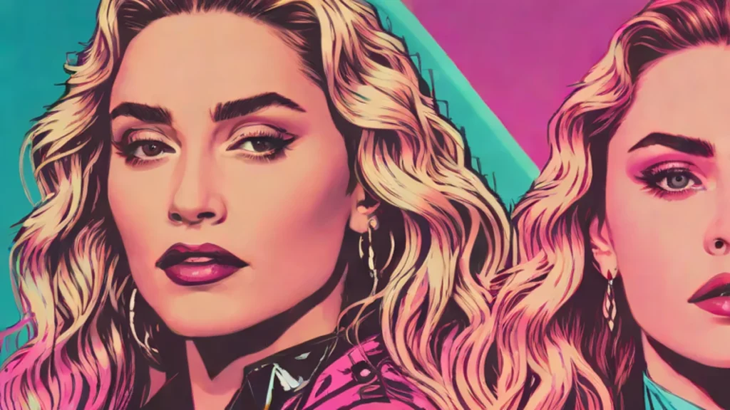 Close-up portrait of Madonna and Sabrina Carpenter under magenta and cyan neon lights.