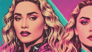 Close-up portrait of Madonna and Sabrina Carpenter under magenta and cyan neon lights.