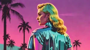Madonna looking over her shoulder toward a bright city skyline at night.