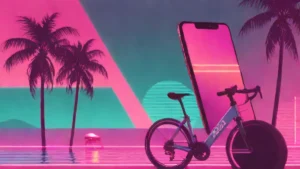 A smartphone showing a fitness app on a gym floor next to a yoga mat.