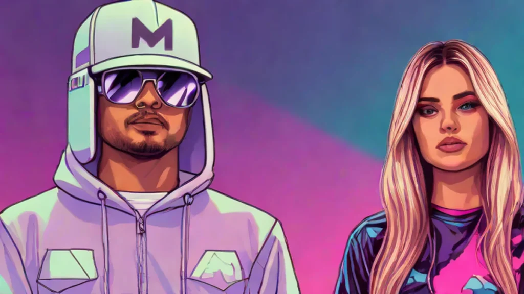 Close up portrait of a female DJ and Marshmello performing at an EDM concert.