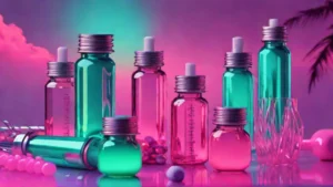 Small glass medicine vials and wellness supplements resting on a reflective chrome surface.