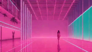 An empty illuminated fashion runway inside a luxury Milanese event venue.