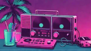 A portable CD player, headphones, and a music puzzle arranged on a reflective tabletop.