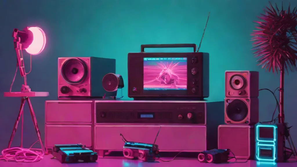 A vintage film camera and film reels next to a glowing digital circuit board.