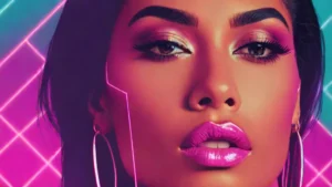 Close up portrait of Nicole Scherzinger with a determined expression under neon lighting.