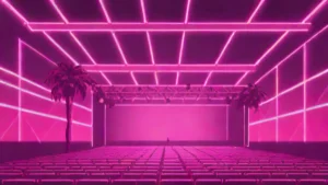 An empty music concert stage with professional lighting and large speakers in a dark venue.