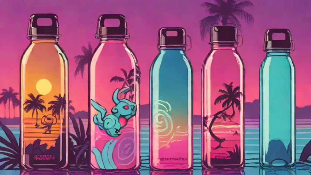 A collection of colorful Owala water bottles with Pokémon designs sitting on a retail shelf.
