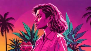 A woman in profile surrounded by colorful antioxidant-rich fruits and vegetables for gut health.