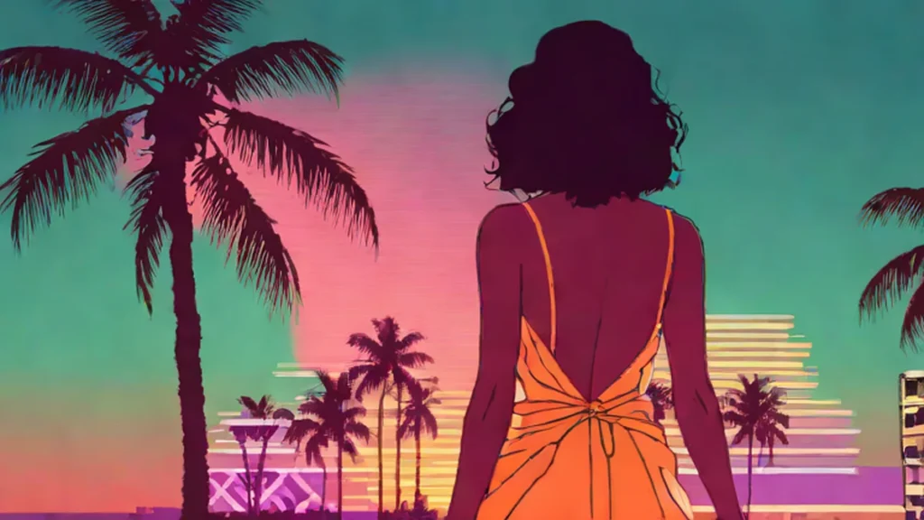 A woman in an orange dress looking over her shoulder at the Las Vegas skyline.