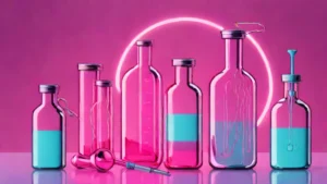 A medical diagram of endocrine pathways next to glass vials on a reflective surface.