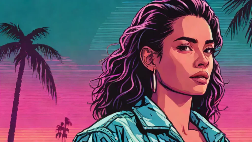 A close-up portrait of Rosalía against a vibrant neon sunset and grid horizon.