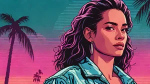 A close-up portrait of Rosalía against a vibrant neon sunset and grid horizon.