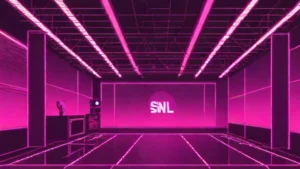 An empty brightly lit professional television studio stage with spotlights and musical equipment.