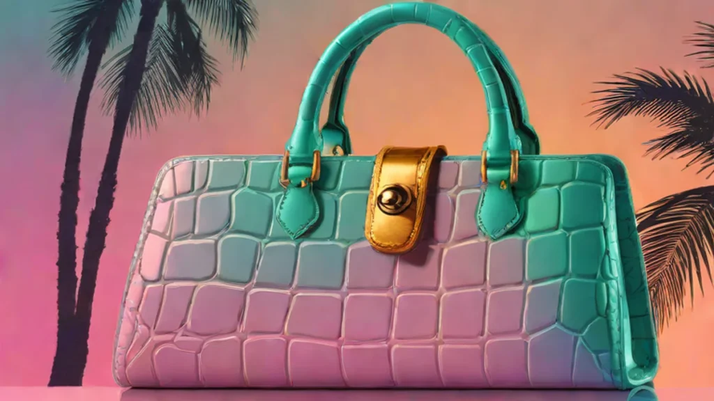 A woman in profile next to structured croc-embossed luxury handbags on a marble table.
