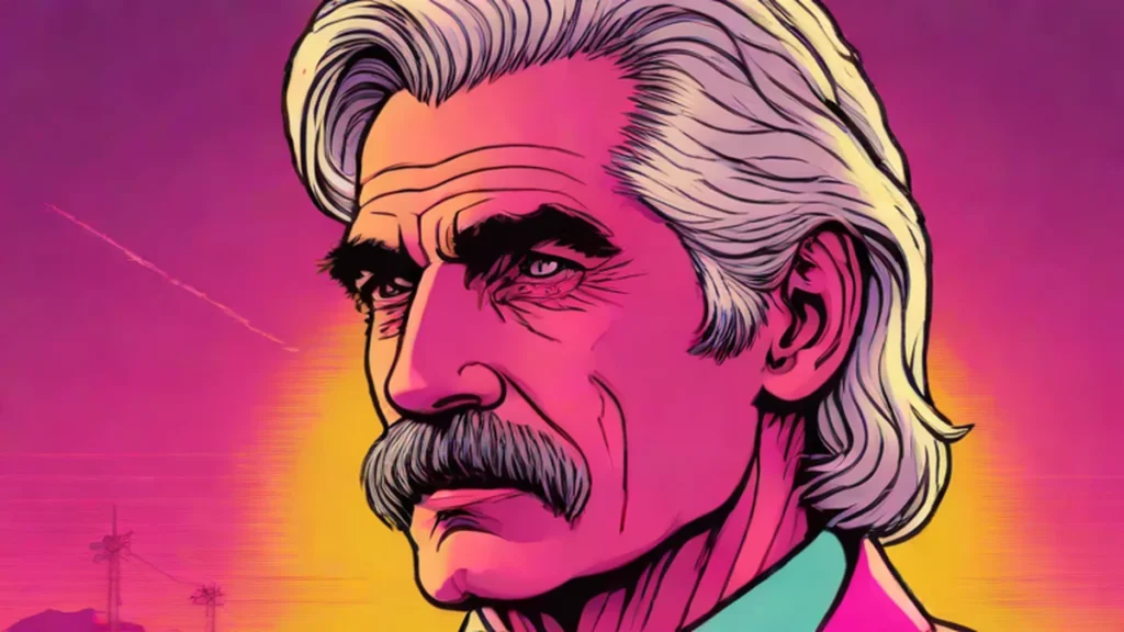 A close-up profile portrait of actor Sam Elliott with a thick mustache and rugged features.