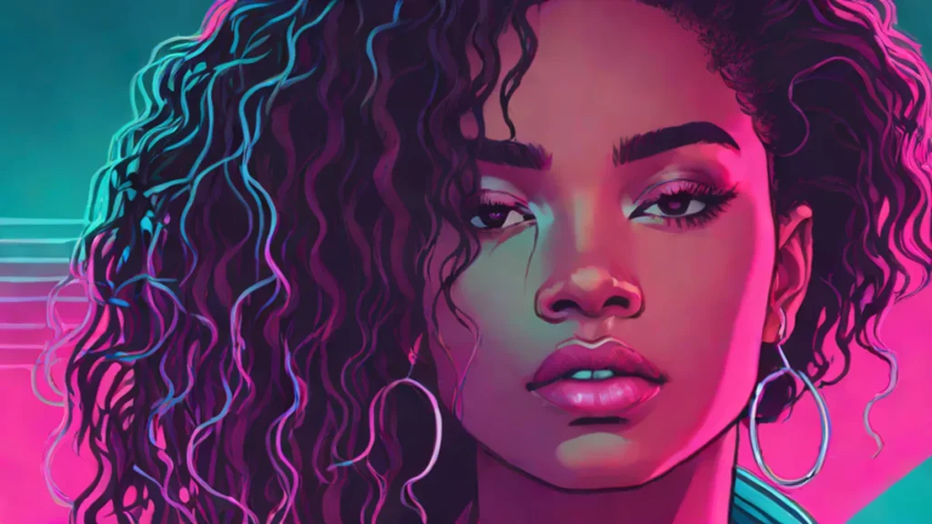 Close up portrait of a woman with healthy, shiny, natural hair and glowing skin.