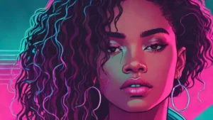 Close up portrait of a woman with healthy, shiny, natural hair and glowing skin.