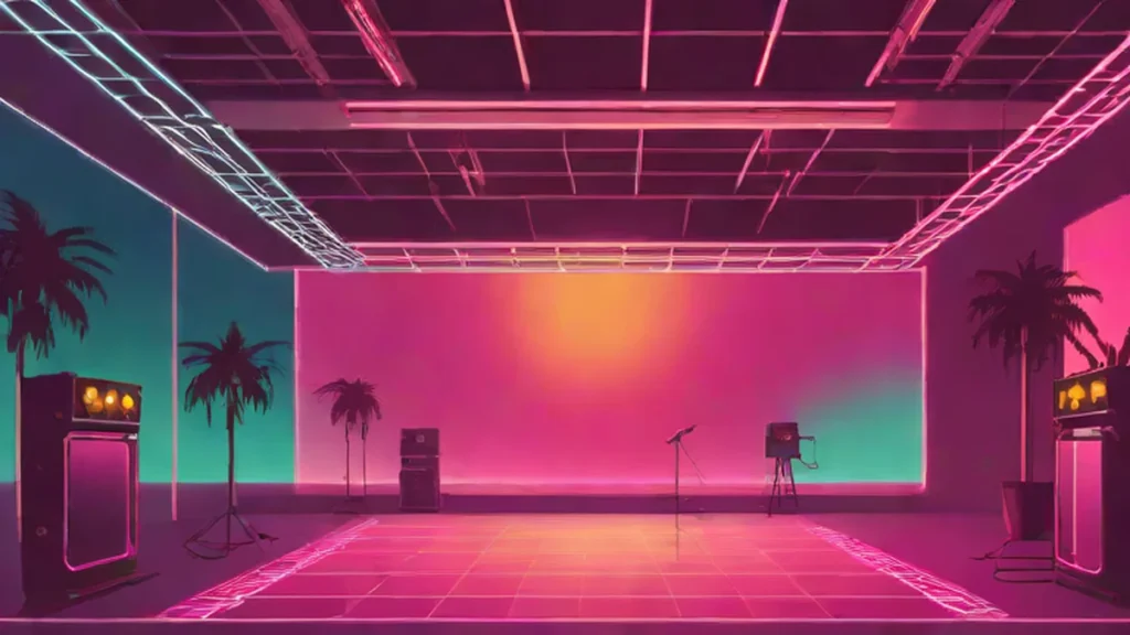 An empty brightly lit television studio stage with professional stage lighting and microphones.