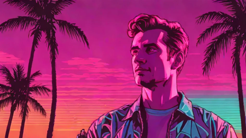 A man looking back over his shoulder toward a glowing city skyline at night.